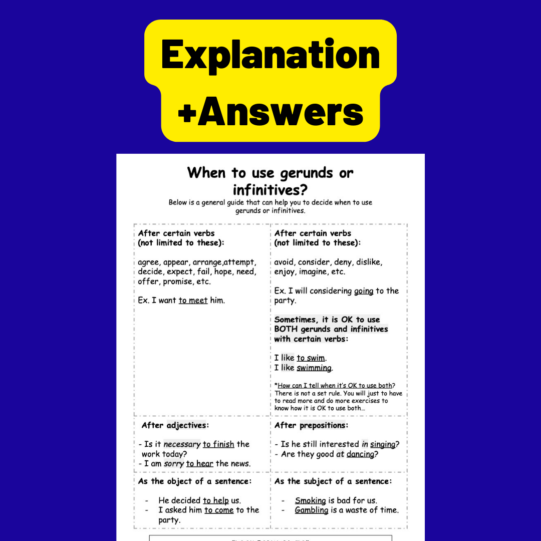 Gerunds vs. Infinitives 動名詞和不定詞文法練習(PDF)